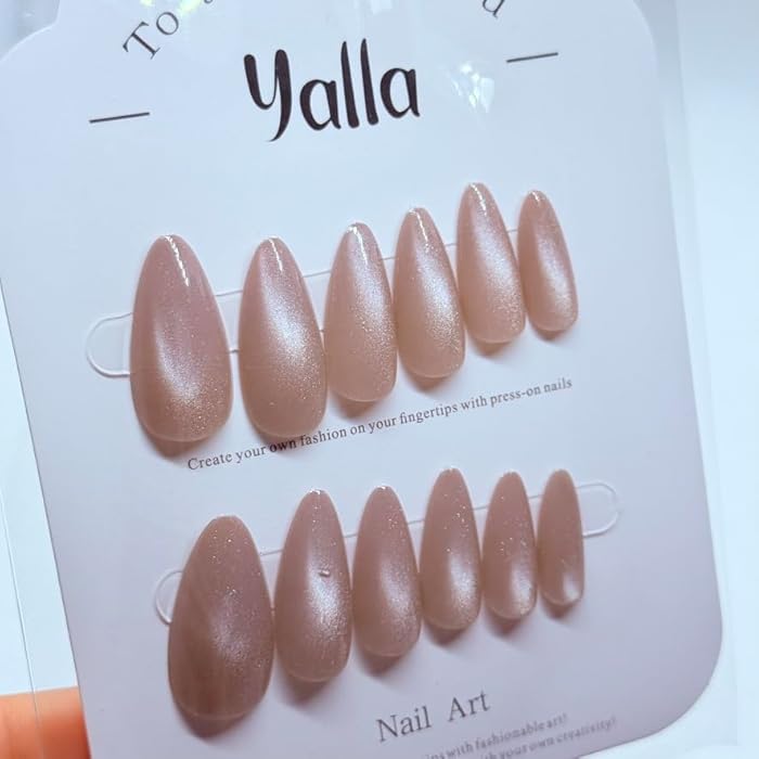 Cat Eye effect Press-On Nails Set – 12 Luxurious and Dazzling Shades with Salon Gel Finish - Almond Shape (Beige) - Image 4